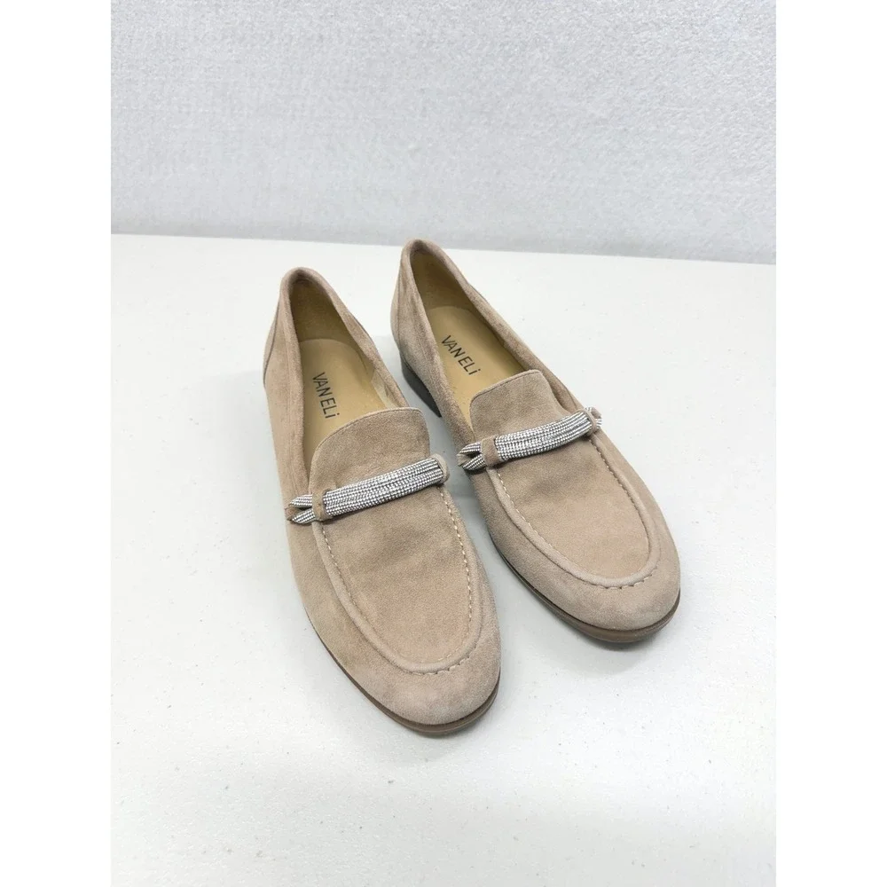 Vaneli Taupe Suede Rhinestone Embellished Slip On Loafers Old Money Shoes 8.5 M